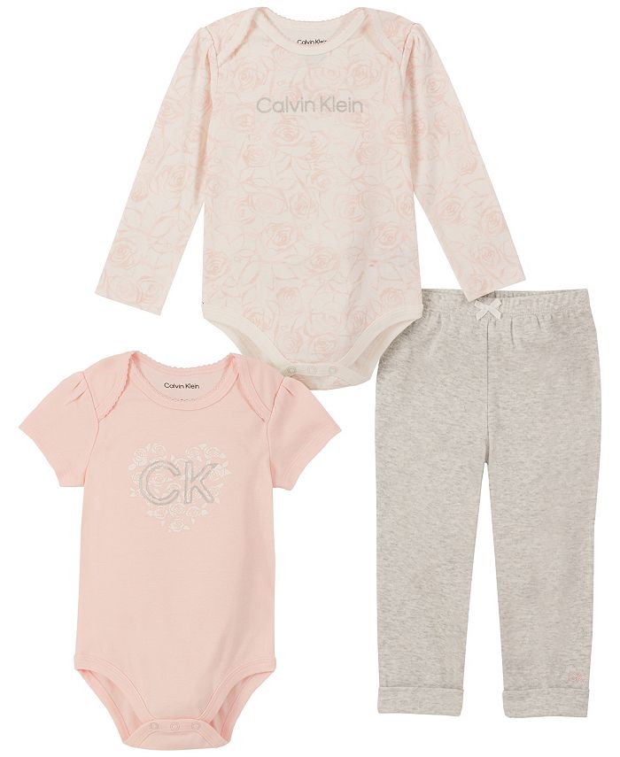 Calvin Klein Baby Girls Printed Bodysuits and Joggers, 3 Piece Set