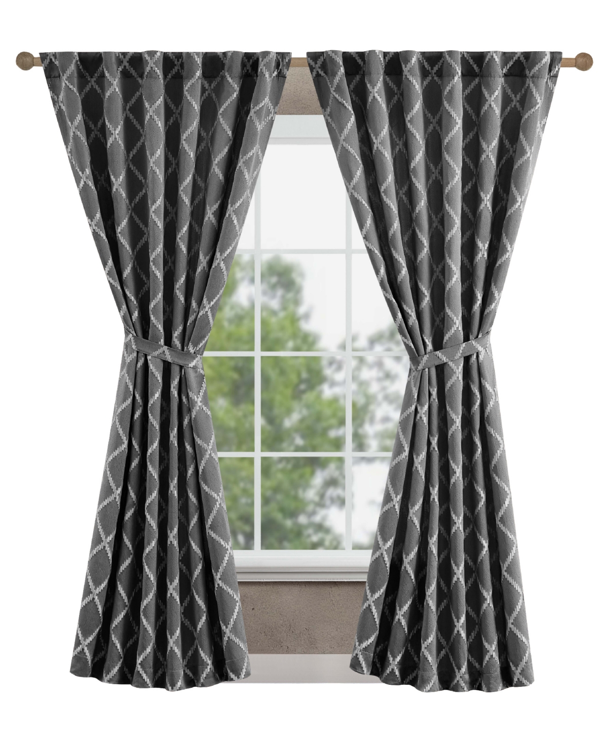 Jessica Simpson Lynee Textured Diamond Patterned Blackout Back-tab Window Curtain Panel Pair With Tiebacks, 52" X 84 In Gray