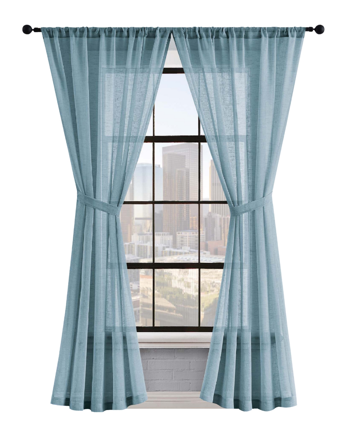 Lucky Brand Onyx Textured Sheer Voile Light Filtering Rod Pocket Window Curtain Panel Pair With Tiebacks, 52" X In Denim Blue