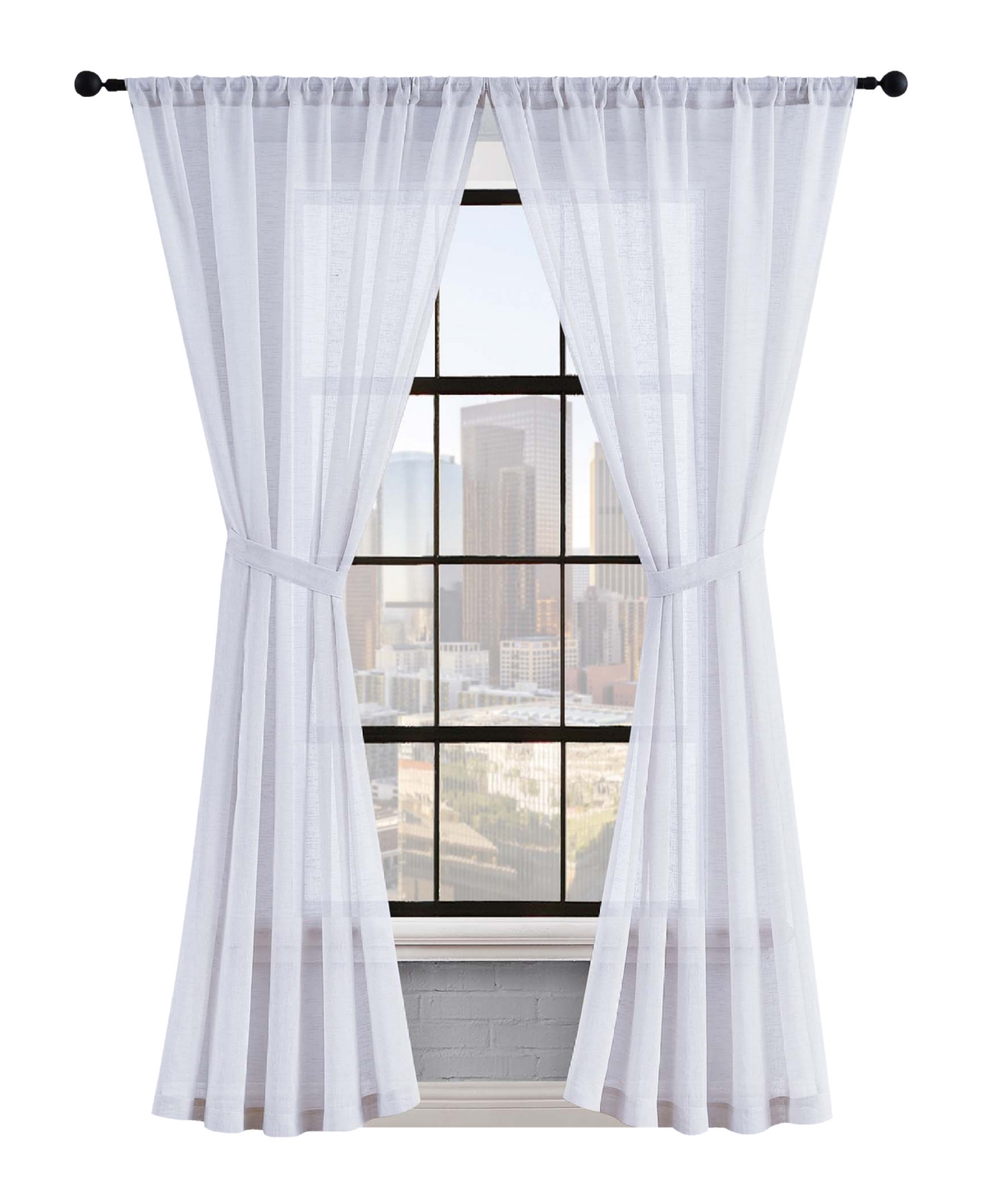 Lucky Brand Onyx Textured Sheer Voile Light Filtering Rod Pocket Window Curtain Panel Pair With Tiebacks, 52" X In White