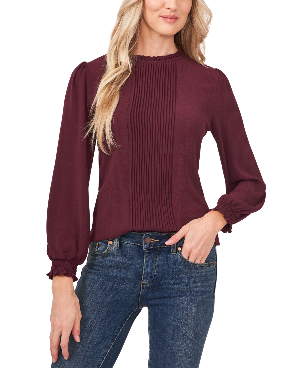 CeCe Women's Long Sleeve Smocked Cuff Pin-Tuck Front Blouse