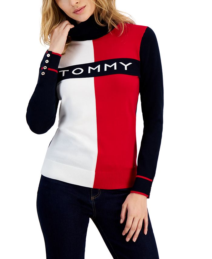 Tommy Hilfiger Women's Color Block Long Sleeve Jewel Neck Sweater Red Size  X-Small