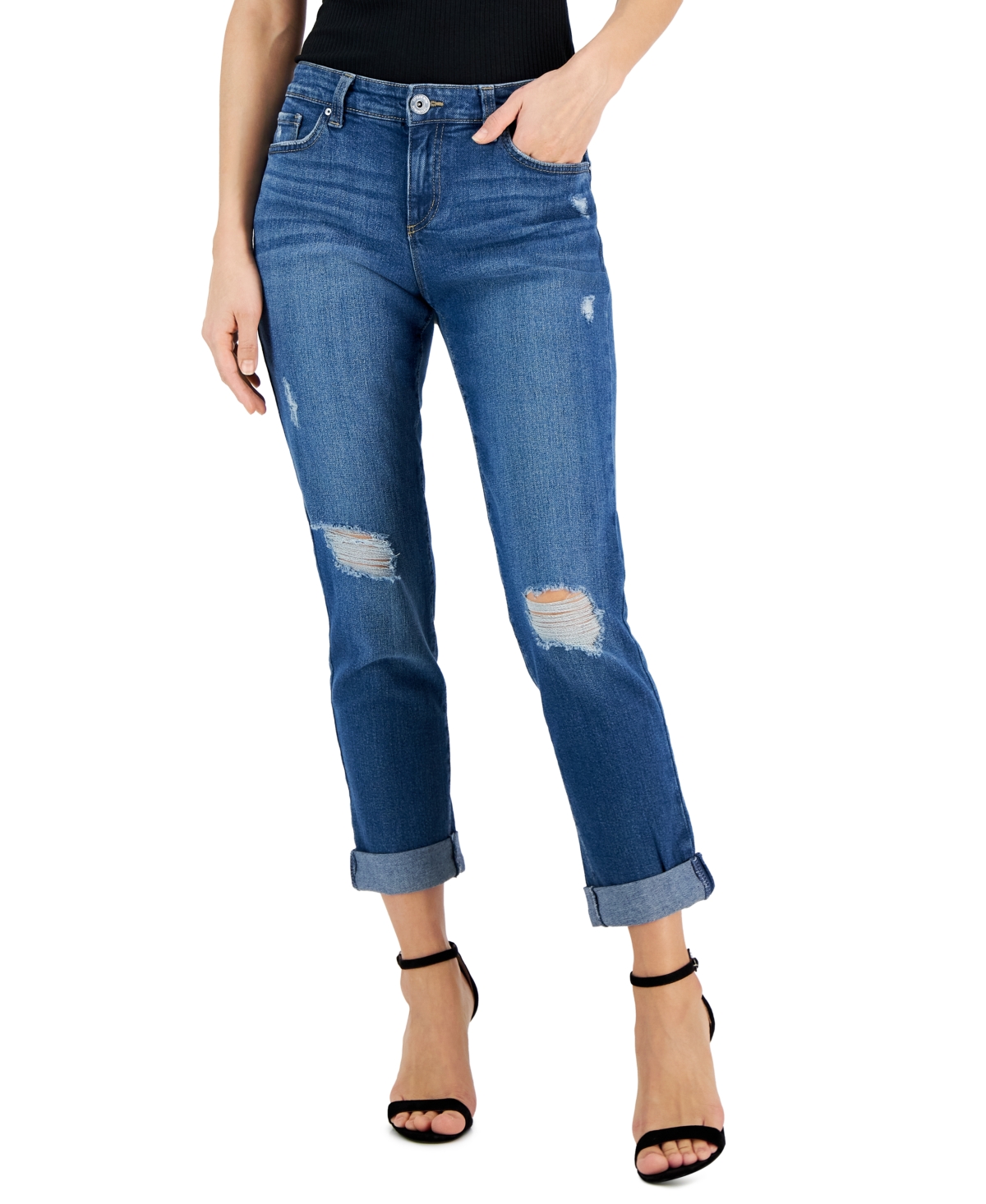  Inc International Concepts Women's Mid Rise Ripped Straight-Leg Jeans, Created for Macy's