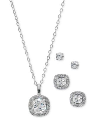 Giani Bernini - 3-Pc. Set Cubic Zirconia Cushion Halo Pendant Necklace, Matching Stud Earrings, & Solitaire Stud Earrings in Sterling Silver