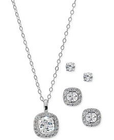 3-Pc. Set Cubic Zirconia Cushion Halo Pendant Necklace, Matching Stud Earrings, & Solitaire Stud Earrings in Sterling Silver, Created for Macy's