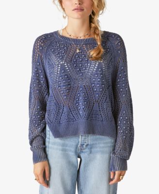 Lucky Brand Women's Cotton Open-Stitch Pullover Sweater - Blue Depth Acid Wash - Size L