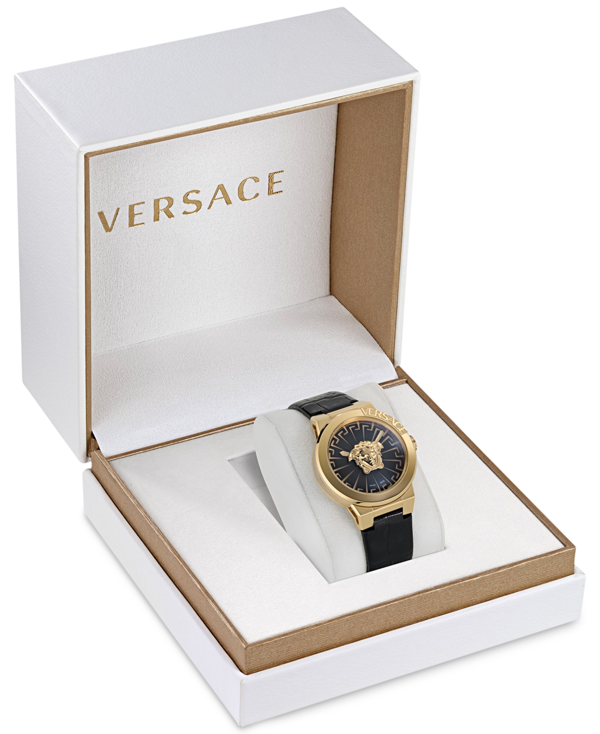 Versace Women's Swiss Medusa Infinite Black Leather Strap Watch 38mm In Ip Yellow Gold