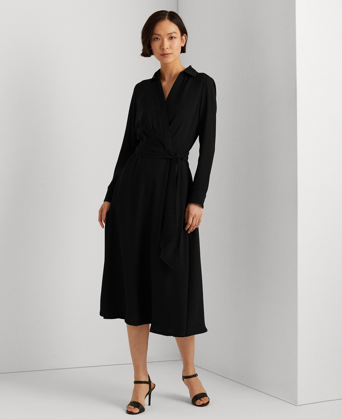 RALPH LAUREN WOMEN'S SELF-BELT LONG-SLEEVE SURPLICE GEORGETTE MIDI DRESS