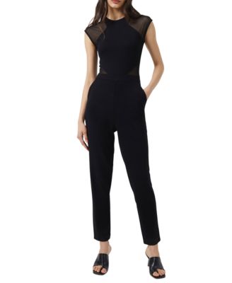 off shoulder embroidered mesh panel jumpsuit