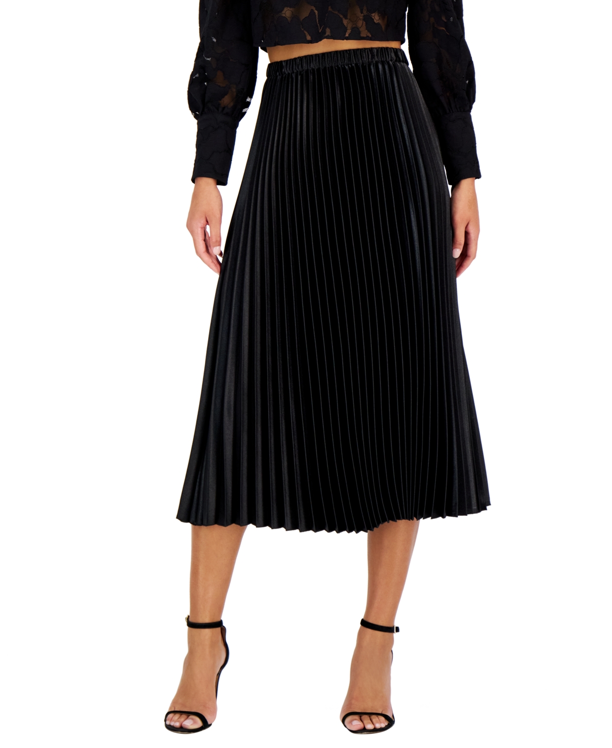Anne Klein Petite Satin Pleated Pull-on Midi Skirt In Anne Black