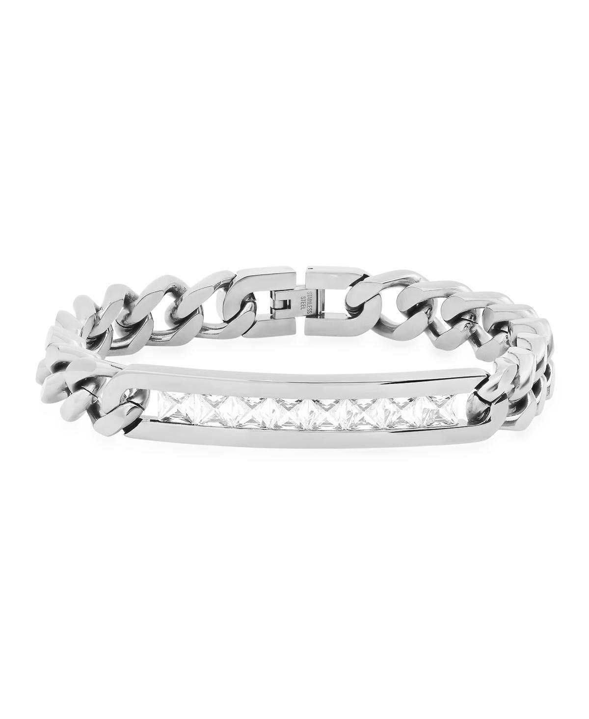 Thick Cuban Link Chain and Simulated White Diamonds Id Bracelet - Metallic