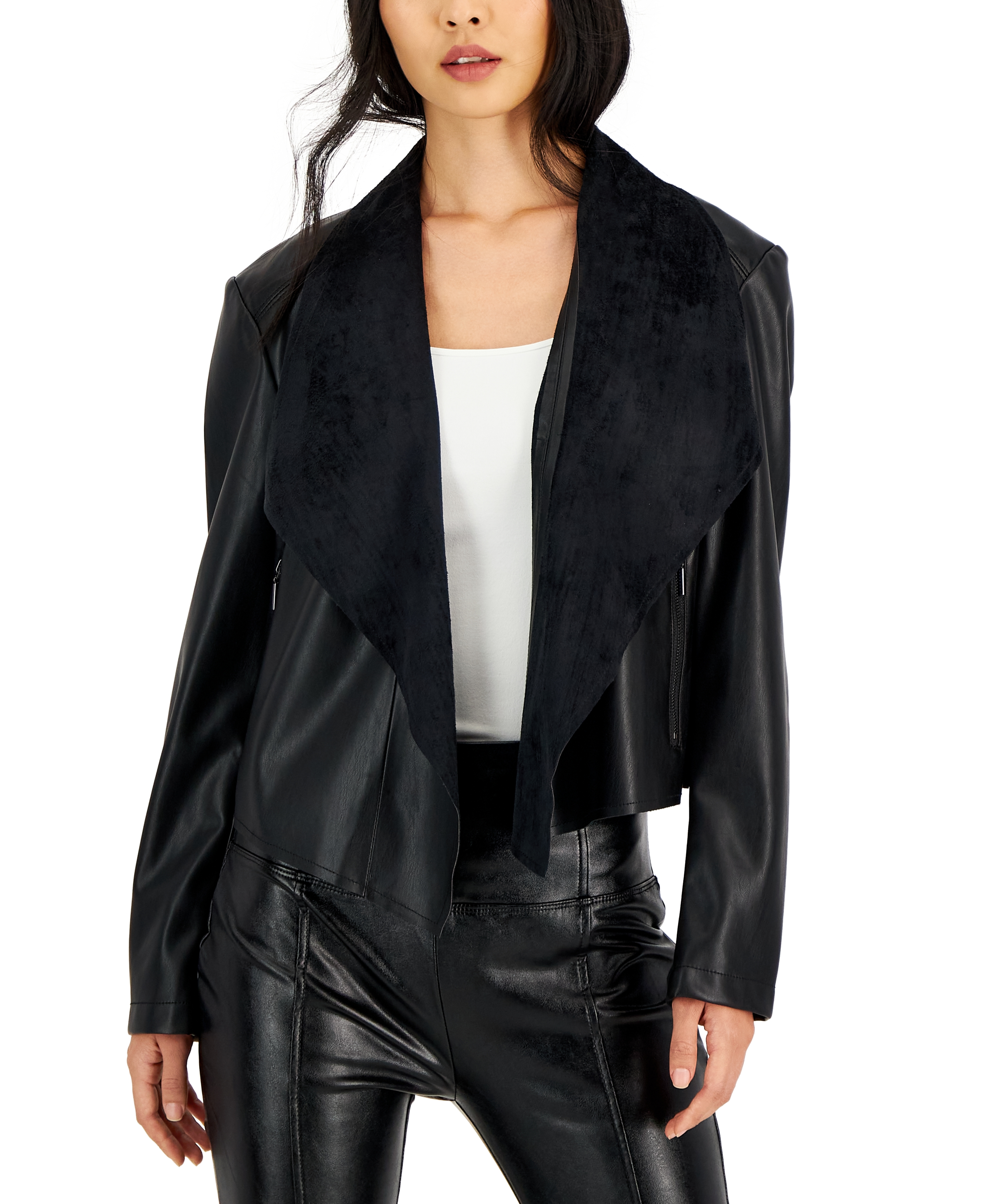 Petite Faux Leather Flyaway Collar Jacket