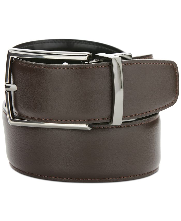 Perry Ellis Men's Reversible Casual Belt - 35mm Brown Leather Belt With Antique Gun Metal Buckle