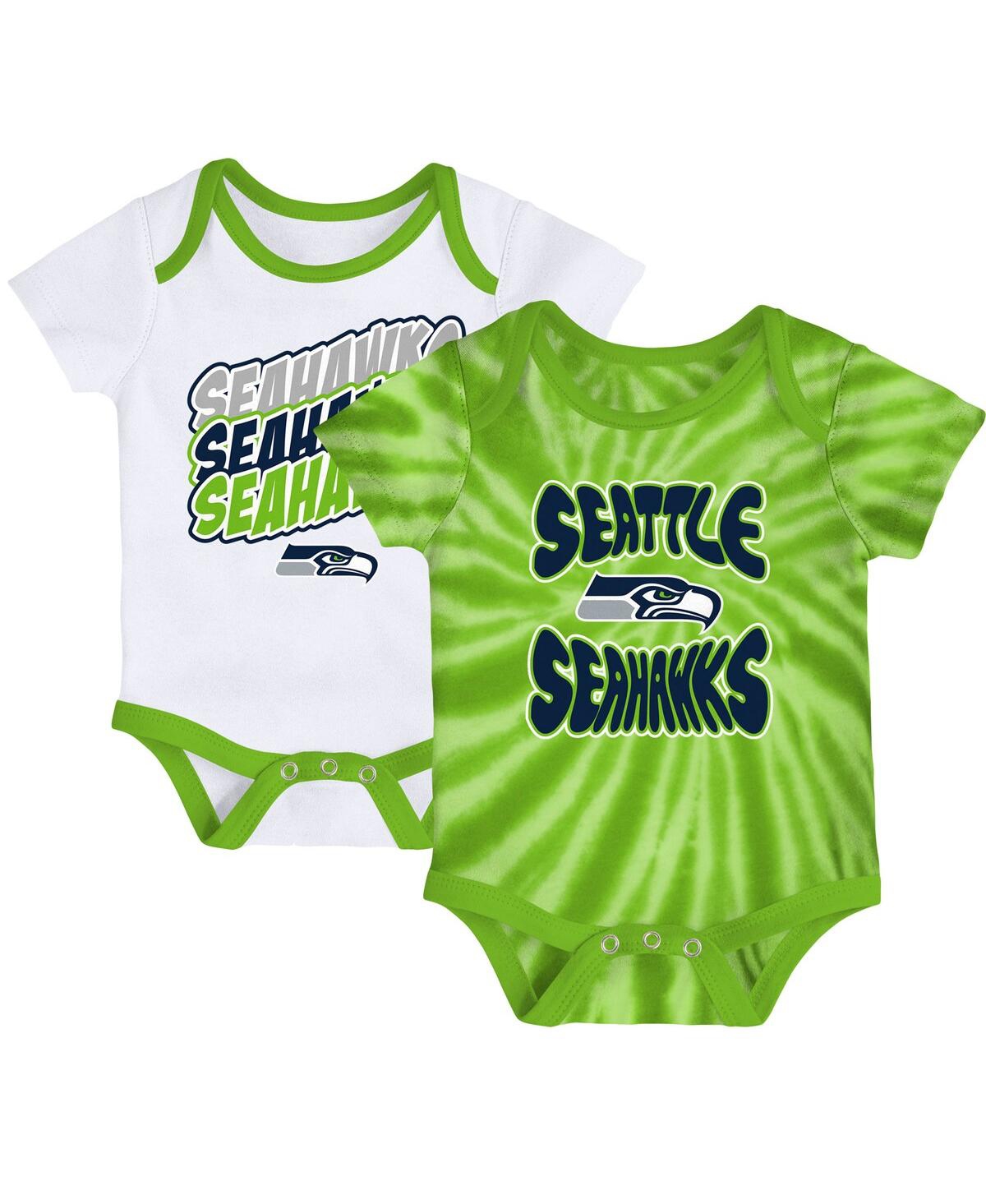 Outerstuff Babies' Newborn And Infant Boys And Girls Neon Green, White Seattle Seahawks Monterey Tie-dye 2-pack Bodysui In Neon Green,white