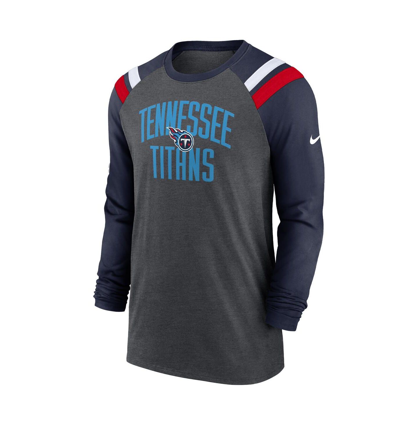 Мужская футболка Nike Heathered Charcoal, Navy Tennessee Titans Tri-Blend Raglan Athletic Long Sleeve Fashion — фото 3