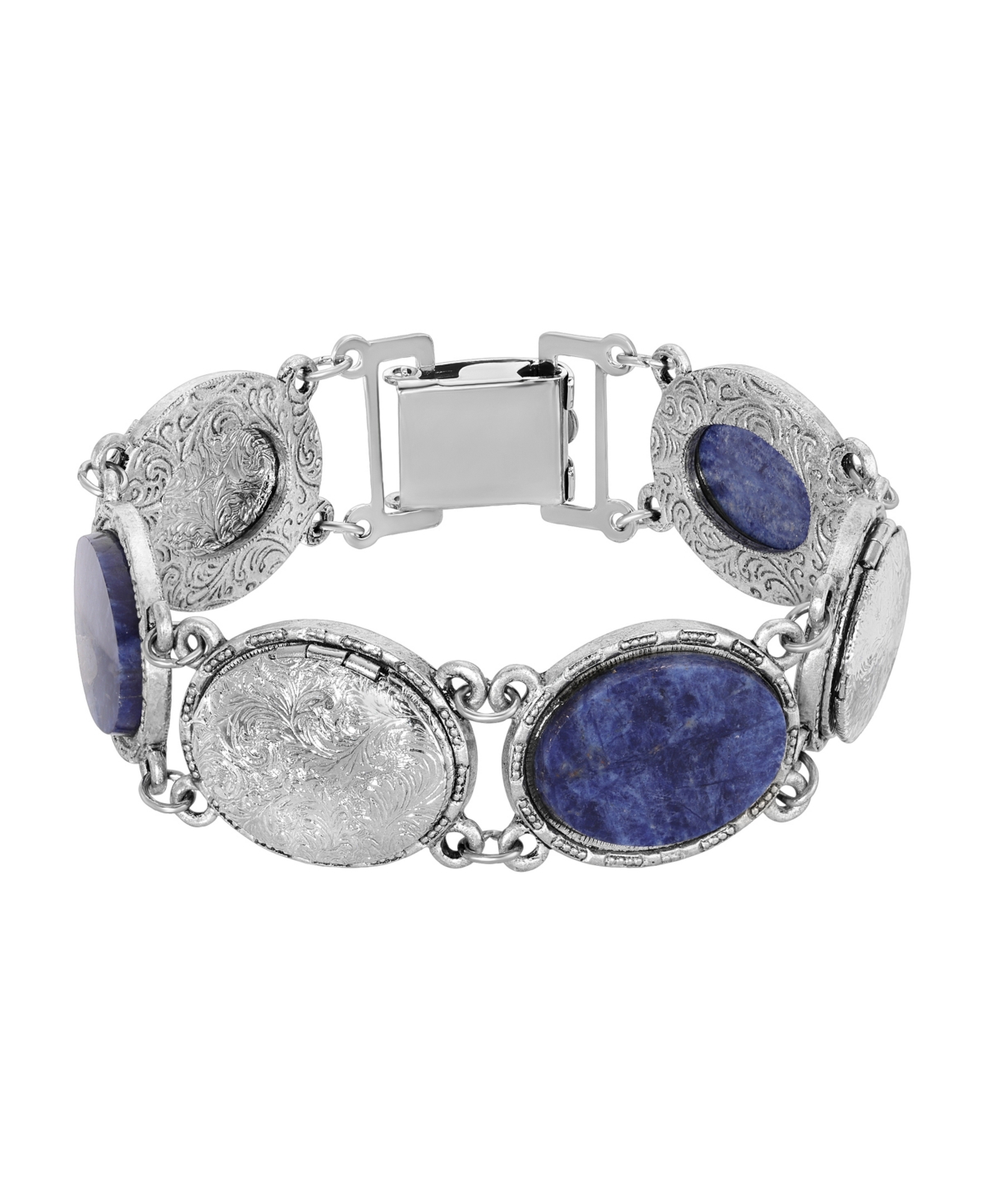 Silver-Tone Oval Blue Semi Precious with Lockets Link Bracelet - Blue