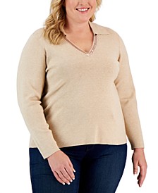 Plus Size Sequin-Trim V-Neck Collared Sweater 