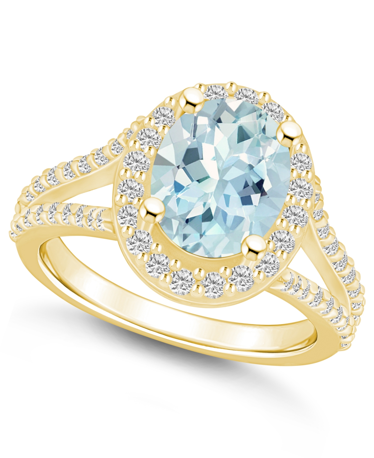 Macy's Aquamarine (1-7/8 Ct. T.w.) And Diamond (1/2 Ct. T.w.) Halo Ring In 14k Yellow Gold In Blue