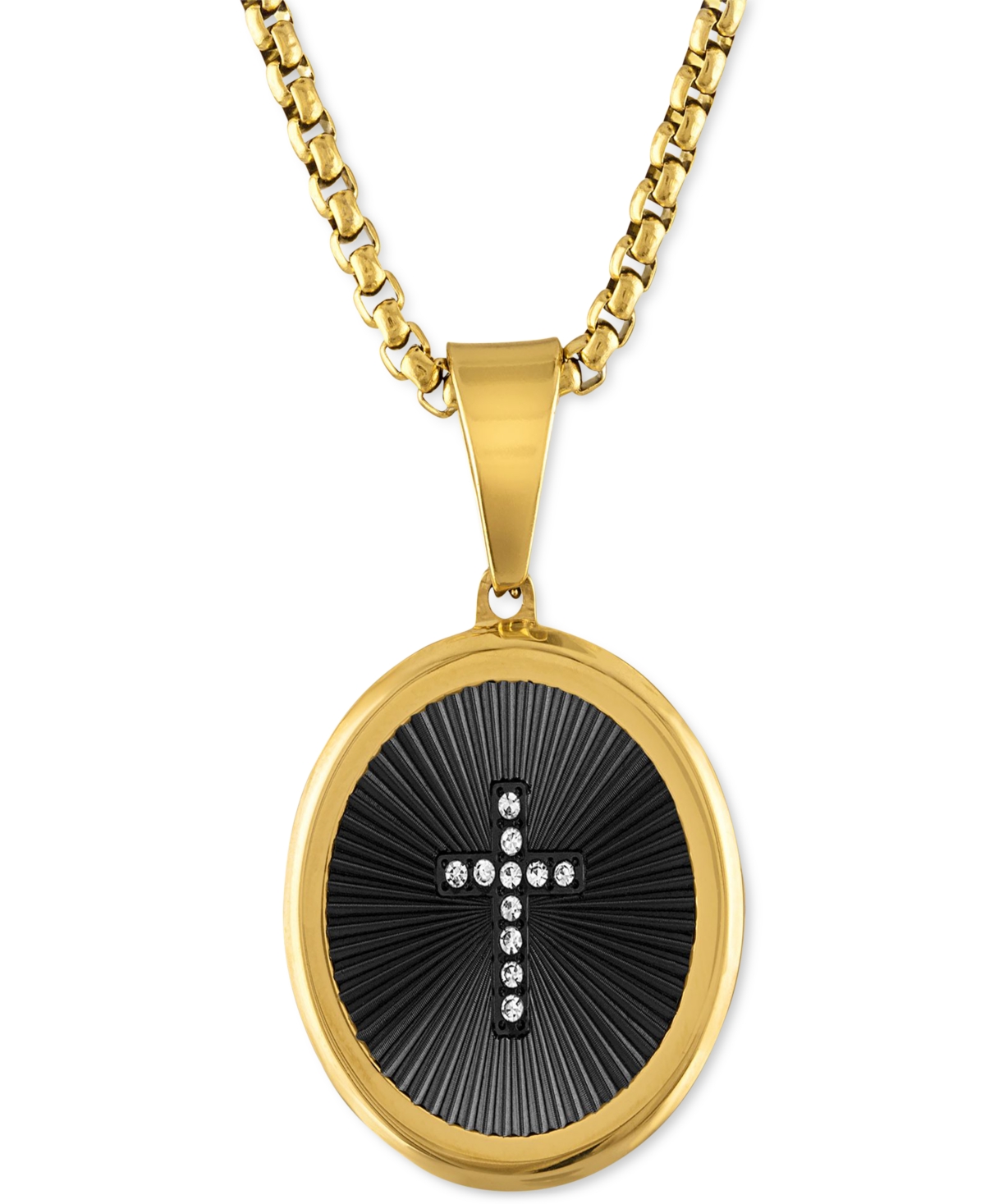 Macy's Men's Diamond Cross Oval 22" Pendant Necklace In Black & Gold-tone Ion-plated Stainless Steel
