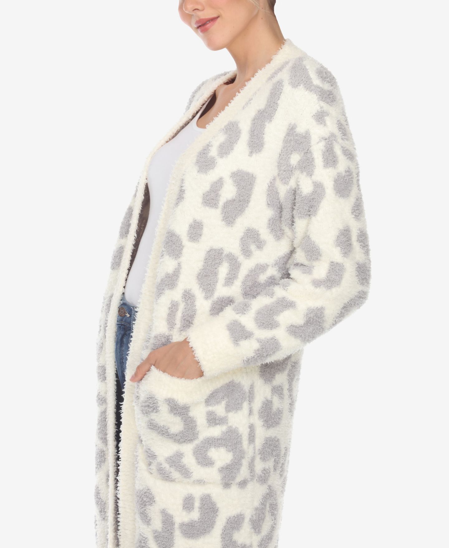 Женский кардиган White Mark Leopard Print Open Front Sherpa, цвет: Бежевый — фото 4