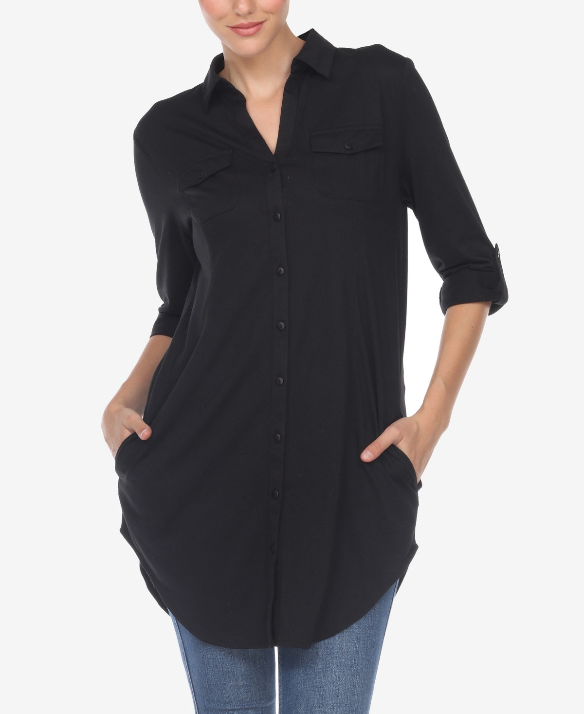 White Mark Women's Stretchy Button-down Tunic Top In Black