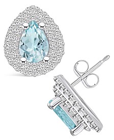 Aquamarine (1-1/5 ct. t.w.) and Diamond (5/8 ct. t.w.) Halo Stud Earrings in 14K White Gold
