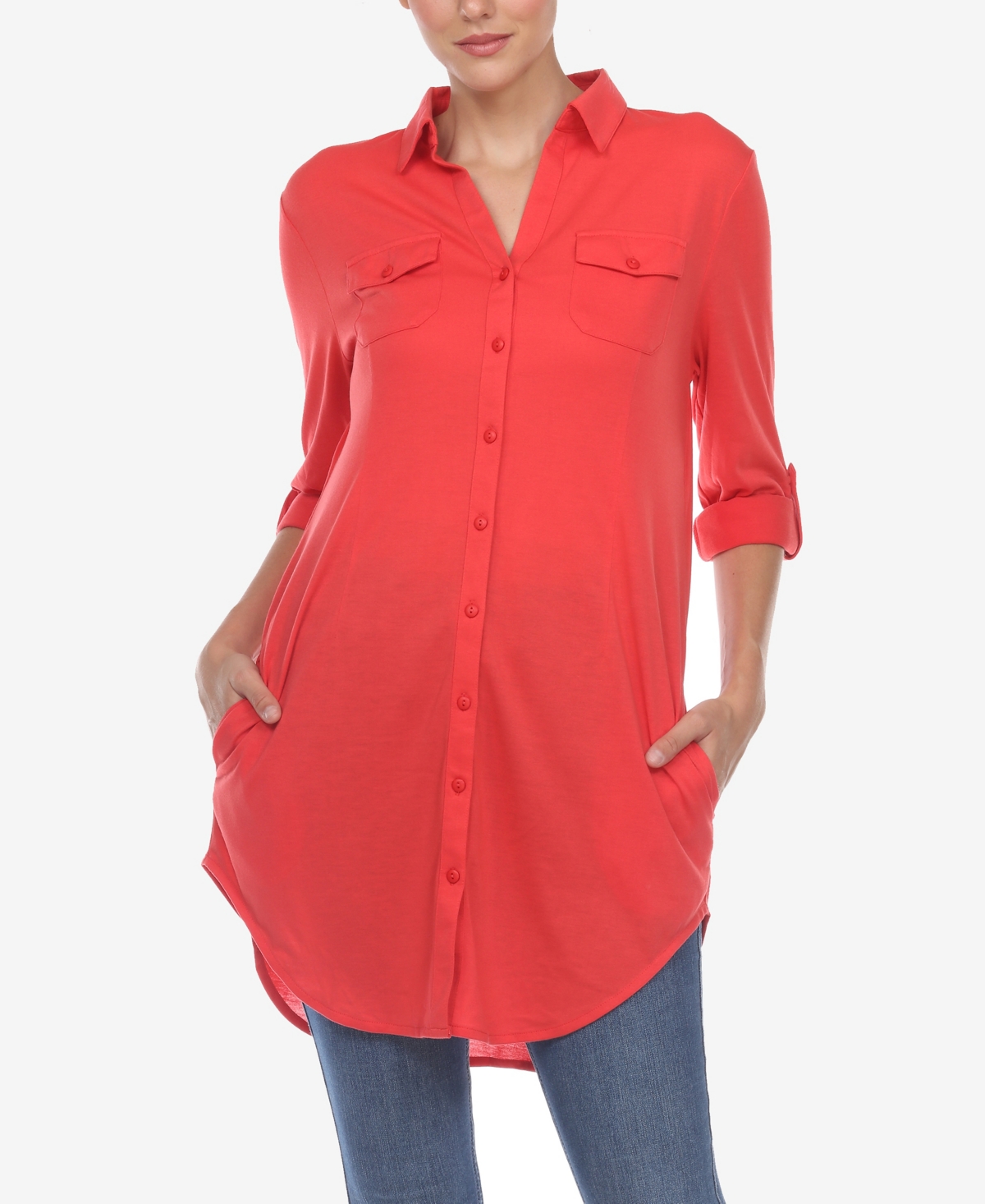 Shop White Mark Women's Stretchy Button-down Tunic Top In Red