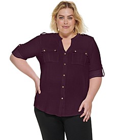 Plus Size Textured Roll Tab Button Down Shirt