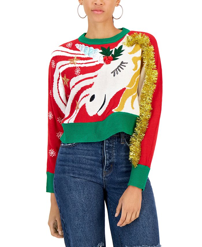 Planet Gold - Juniors' Unicorn Christmas Tinsel-Embellished Sweater
