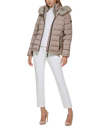 DKNY Women's Faux Fur Trim Hooded Puffer Coat Black Size Medium