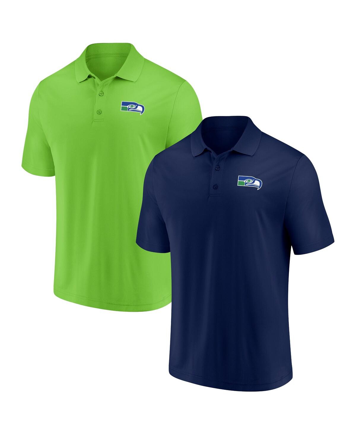 Shop Fanatics Men's  College Navy And Neon Green Seattle Seahawks Home And Away 2-pack Polo Shirt Set In Navy,neon Green