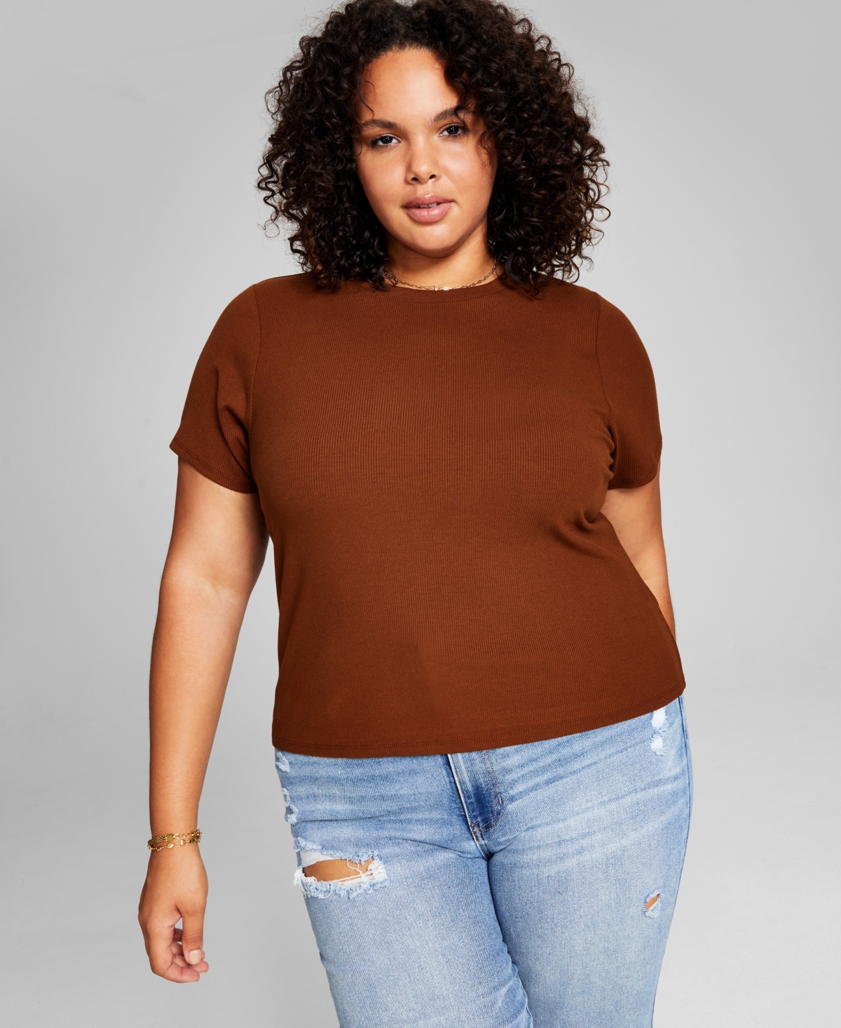 And Now This Trendy Plus Size Ribbed T-shirt In Chocolate Brown