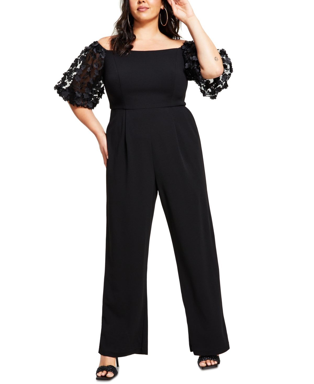 Plus Size Puffed-Sleeve Off-The-Shoulder Jumpsuit - Black