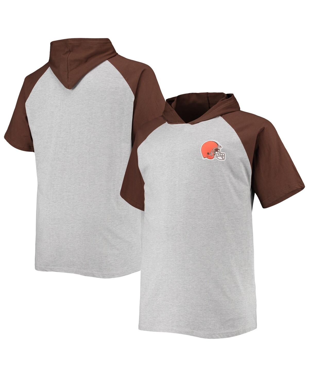 Profile Men's Heathered Gray, Brown Cleveland Browns Big And Tall Raglan Short Sleeve Pullover Hoodie In Heathered Gray,brown