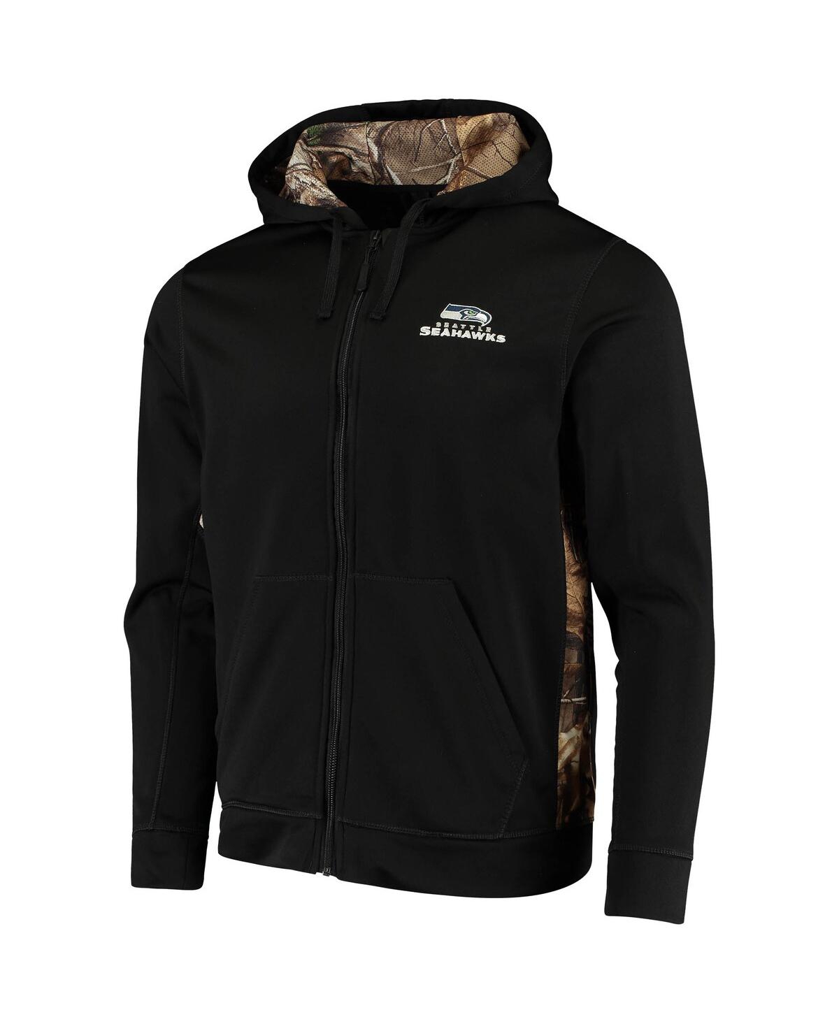 DUNBROOKE MEN'S DUNBROOKE BLACK, REALTREE CAMO SEATTLE SEAHAWKS DECOY TECH FLEECE FULL-ZIP HOODIE 