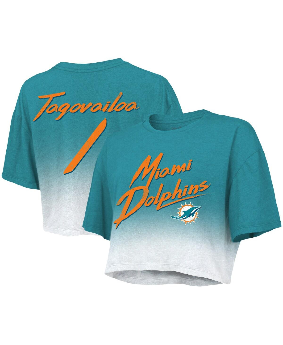 Women's Majestic Threads Tua Tagovailoa Aqua, White Miami Dolphins Drip-Dye Player Name and Number Tri-Blend Crop T-shirt - Aqua, White