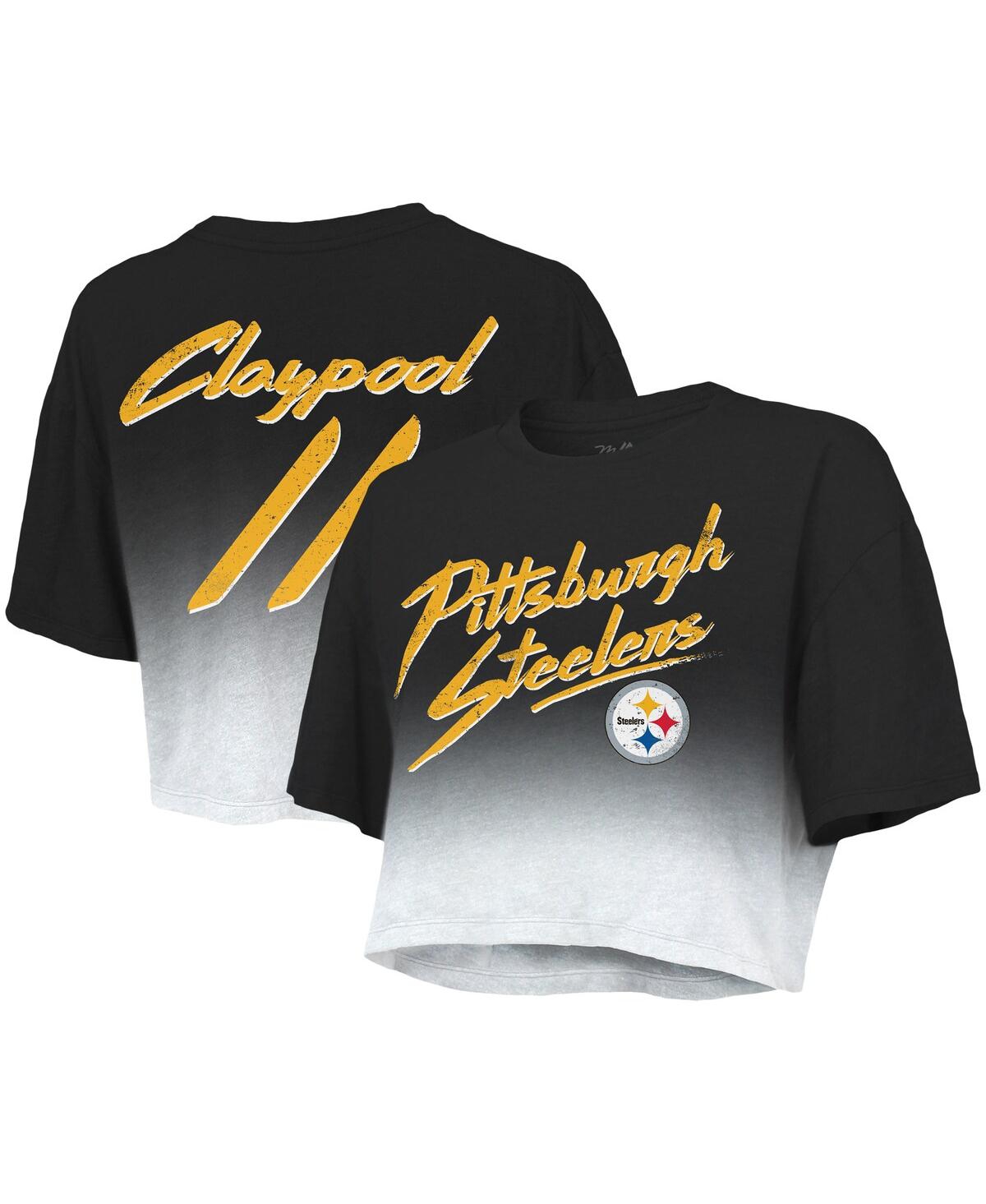 Women's Majestic Threads Chase Claypool Black, White Pittsburgh Steelers Drip-Dye Player Name and Number Tri-Blend Crop T-shirt - Black, White