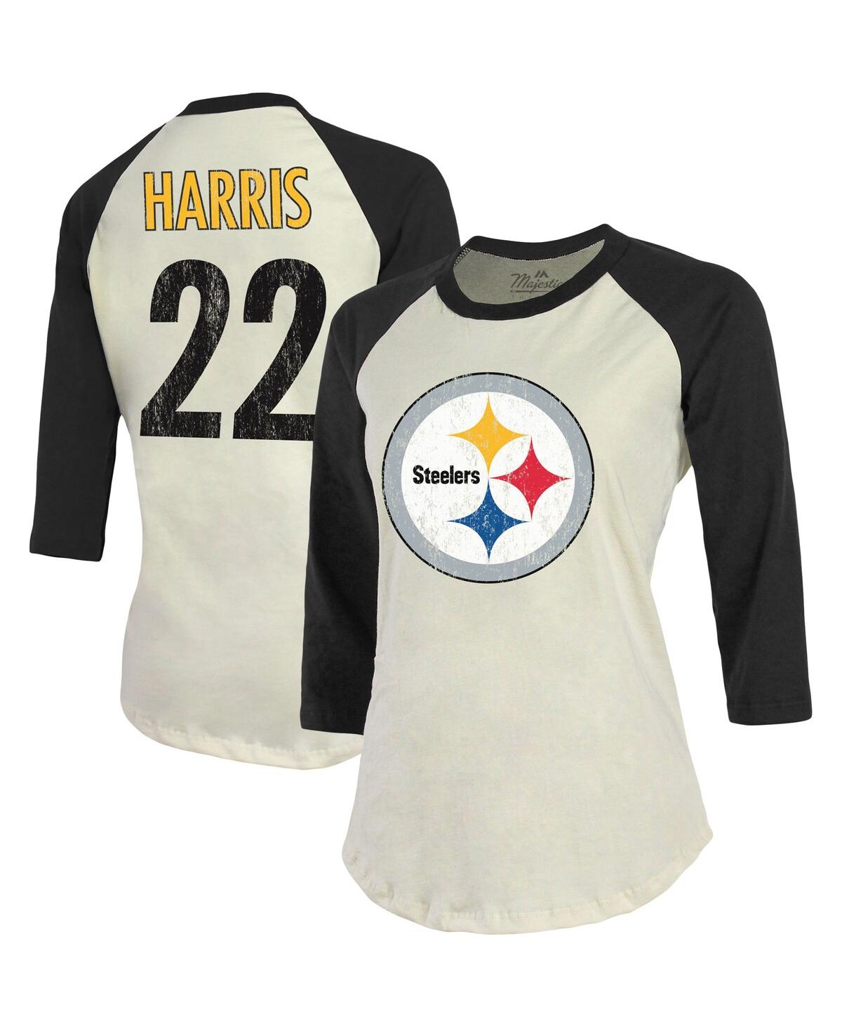 Shop Majestic Women's  Threads Najee Harris Cream, Black Pittsburgh Steelers Player Name And Number Raglan In Cream,black