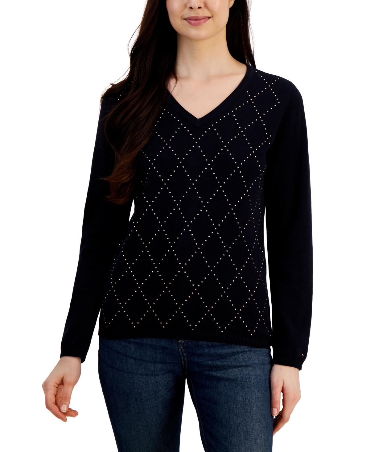 Tommy Hilfiger Women's Ivy Studded Argyle V-Neck Sweater, Created for Macy's