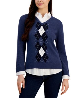 Tommy Hilfiger Women's Cotton Argyle-Print Layered-Look Sweater