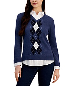 Women's Cotton Argyle-Print Layered-Look Sweater
