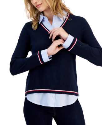 Tommy Hilfiger Women's 2-in-1 Stripe Hem Sweater Sky Captain - L