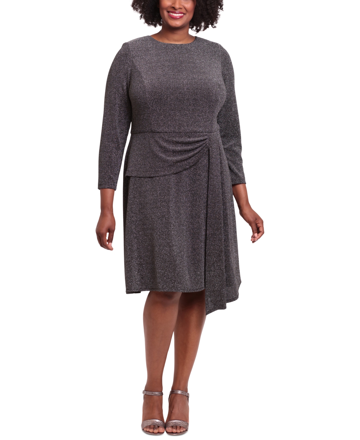 Plus Size Side-Draped Glitter-Knit Dress - Black/Silver