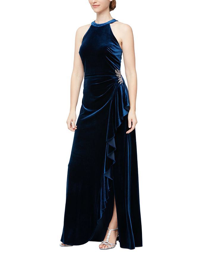 Alex Eve Women s Velvet Beaded Trim Ruffled Gown Macy s