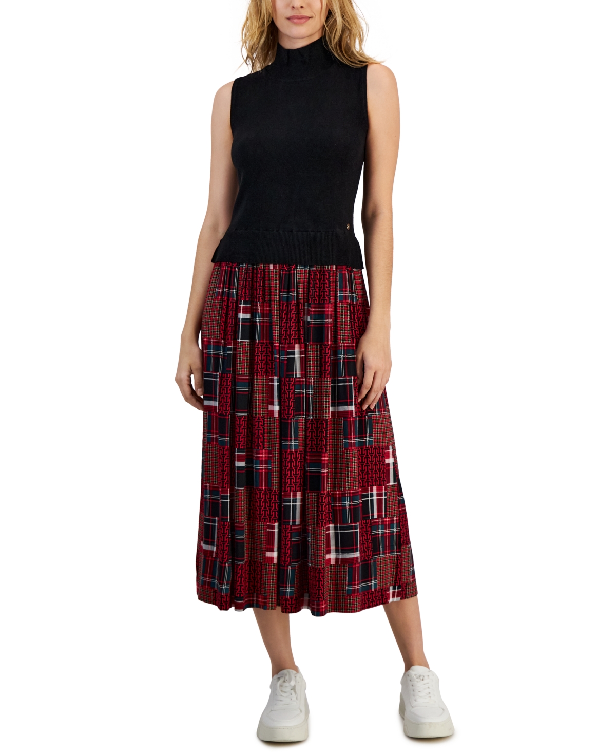 Tommy Hilfiger Women's Plaid-Skirt Sleeveless Sweater Dress