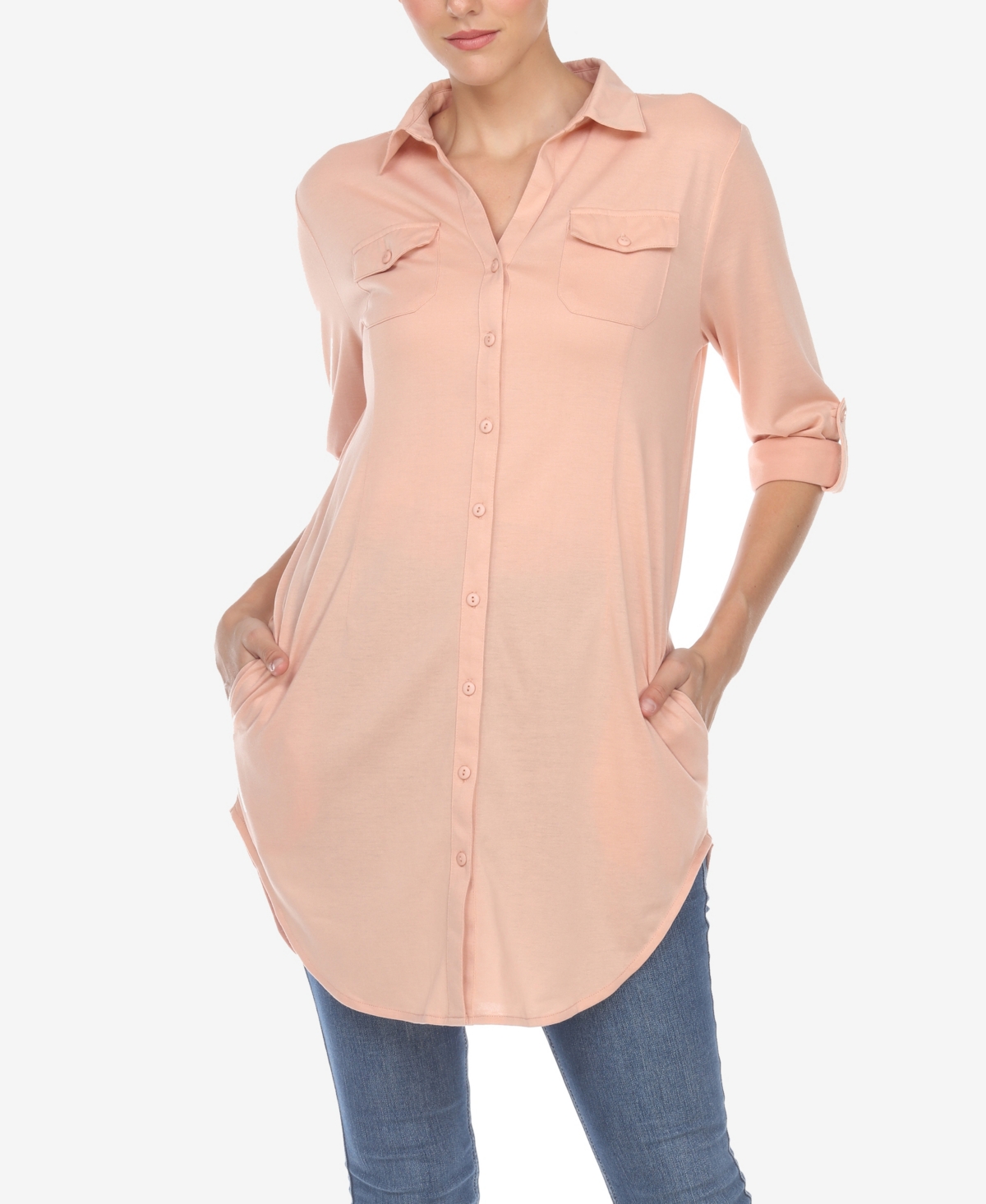 Shop White Mark Women's Stretchy Button-down Tunic Top In Dusty Pink