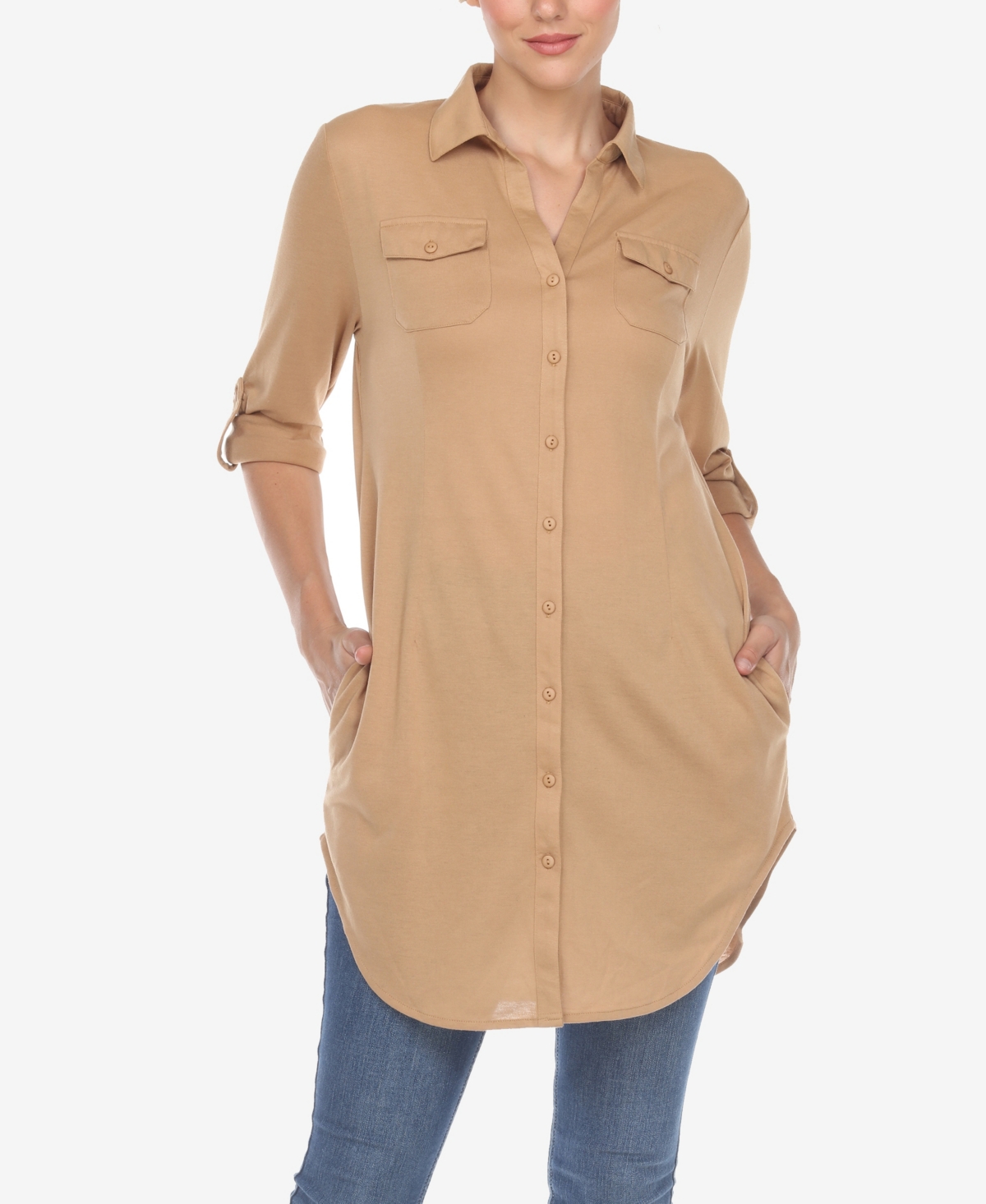 Shop White Mark Women's Stretchy Button-down Tunic Top In Camel