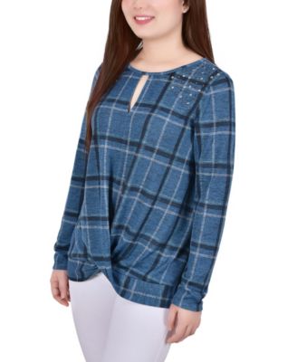 Petite Long Sleeve Knit Keyhole with Studs Top