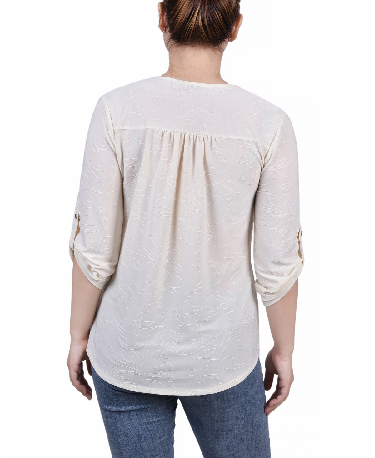 Ny Collection Petite 3/4 Roll Tab Zip Front Jacquard Knit Top