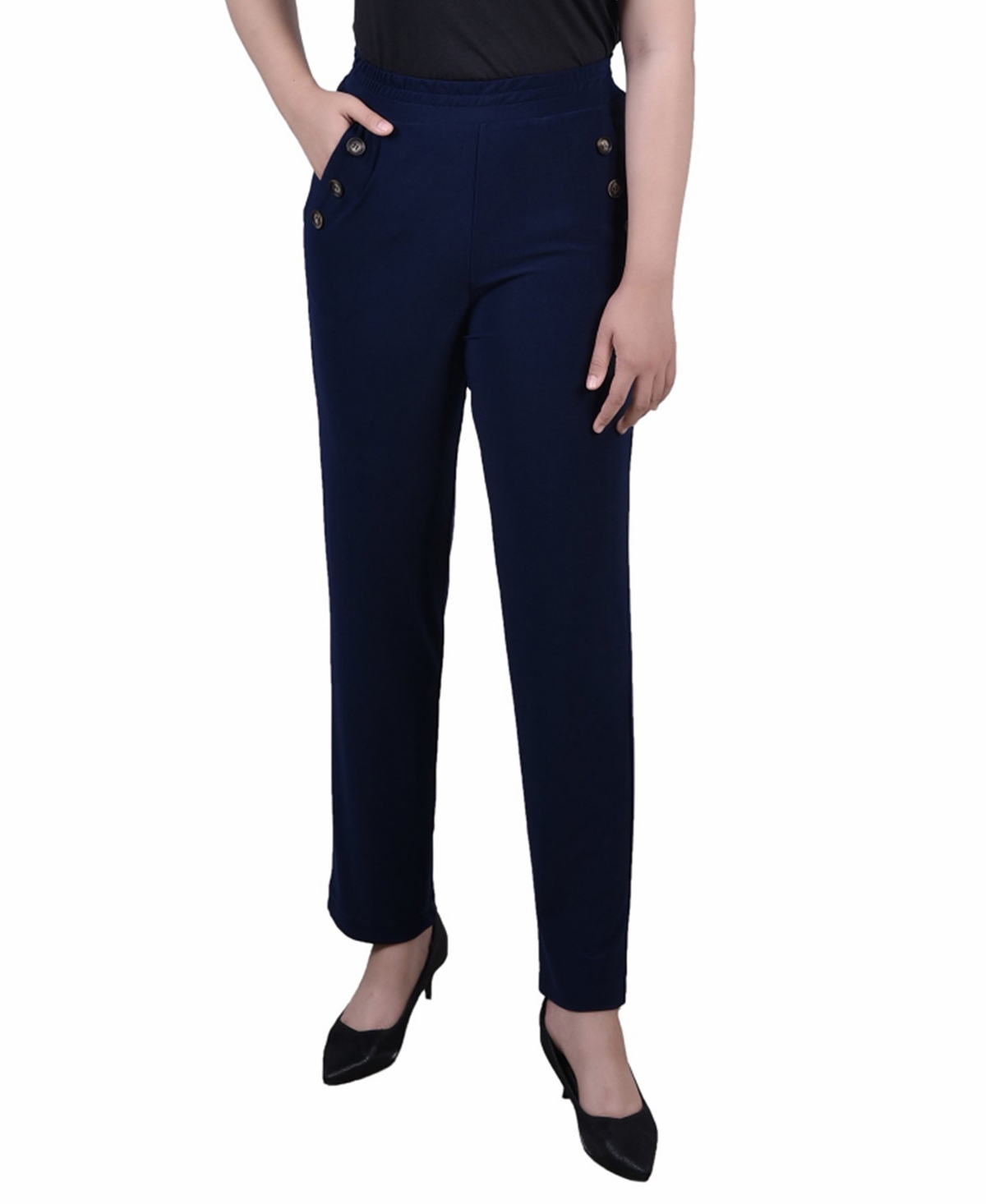 Ny Collection Petite Missy Wide Waist Pull On Pants In Navy